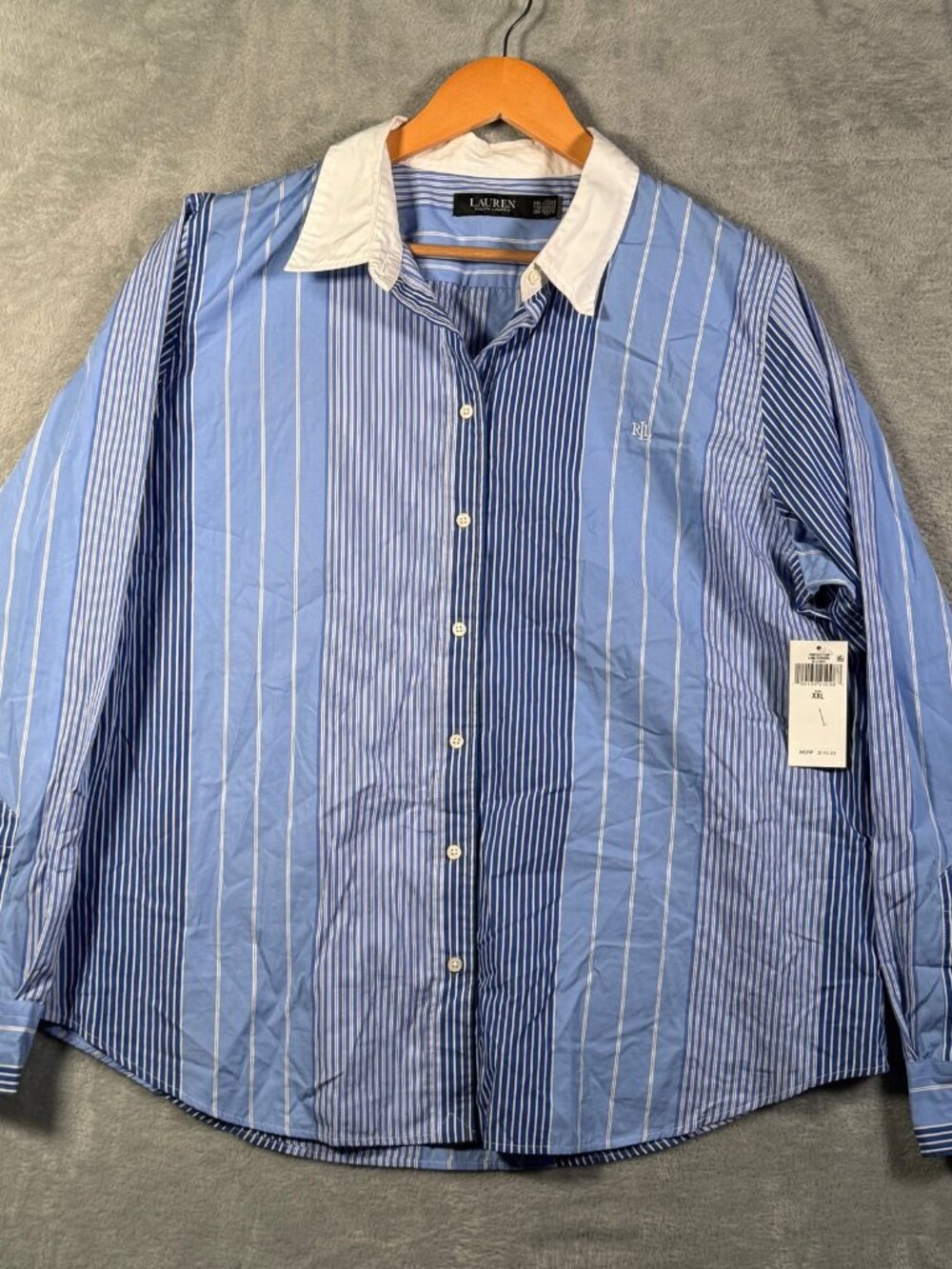 Lauren Ralph Lauren Shirt Womens XXL Blue White Striped Broadcloth Collar $145
